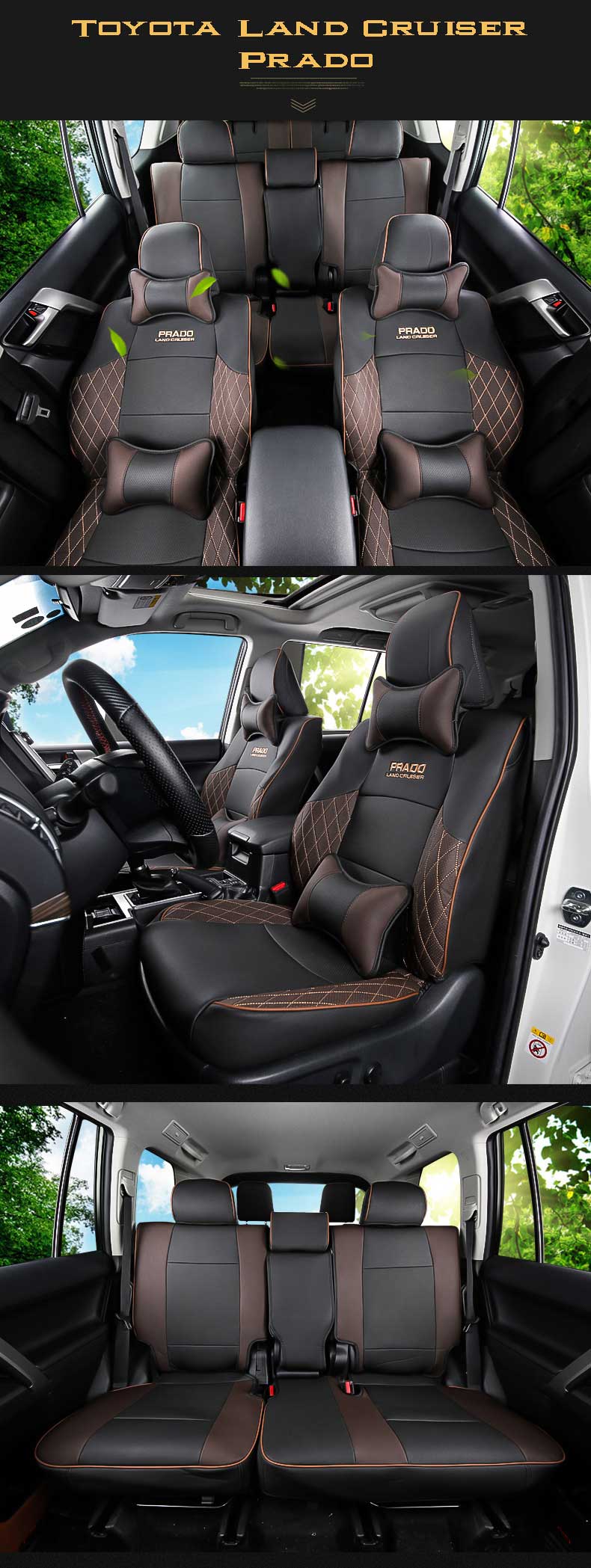 Couvres sièges design pour Land Cruiser Prado KDJ noir et chocolat avec le logo surpiqué